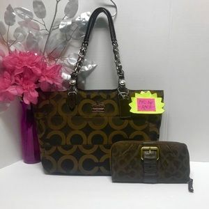 COACH Madison Dark Brown Tote Bag Purse+Wallet SET